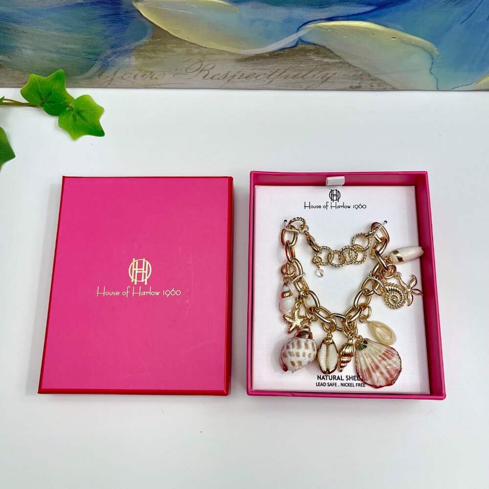 House Of Harlow 1960 Gold-Tone‎ Charm Bracelet With Natural Shell Accents